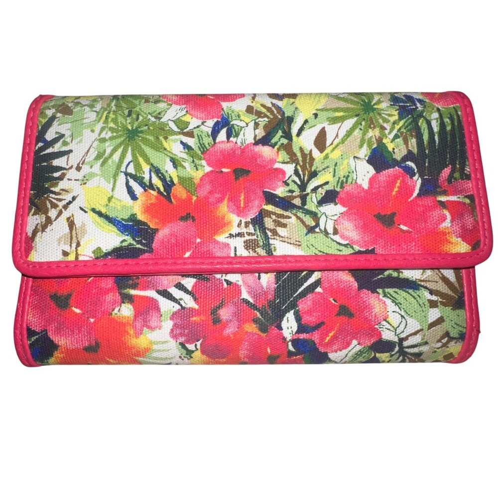 Floral Canvas Womens Wallet Snap Closure Zipper Pocket Pink Trim